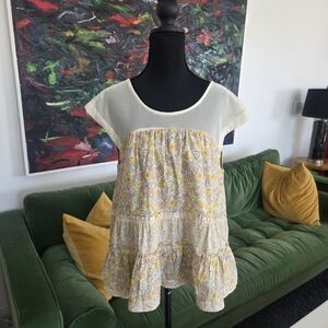 Umgee Boho Peasant Yellow Floral Print + Cream Tiered Top, Tie Back Neck - Small